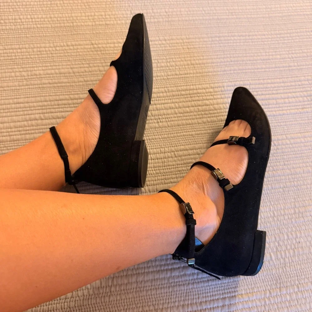 Stuart Weitzman Women's Black Suede Multi Strap Mary Jane Pointed Toe Flats 6.5M